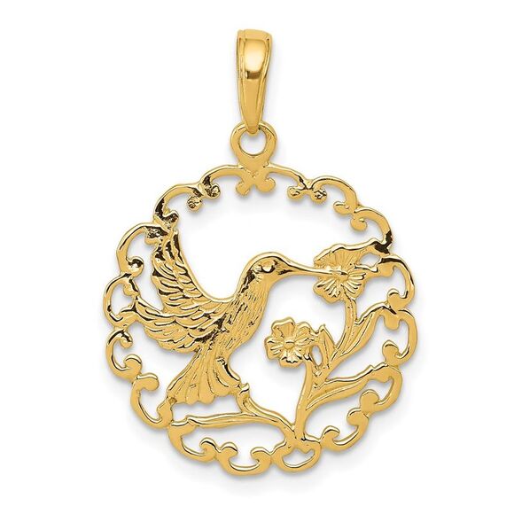 14k Yellow Gold 20mm Framed Hummingbird and Flower Pendant - Picture 1 of 5